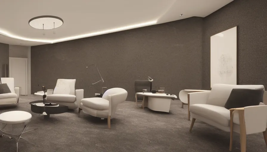 Image similar to low ceiling oval shaped room interior with ceramic dentist chair and movie projected onto walls, octane render, intricate details