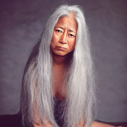 Prompt: candid portrait photograph of a tanned asian egirl with long silver hair, taken by annie leibovitz