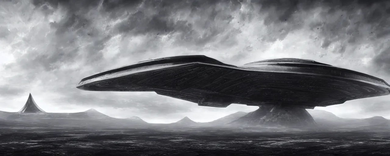 Prompt: a large ominous and geometric spaceship, streamlined and very large and long floating over a barren dry land with an epic cloud formation on the background by HR GIger, Dariusz Zawadzki, Neil blevins, Feng Zhu, gustave doré, zhuoxin ye, very detailed, octane render, 8k, oranate and brooding, scary and dark, canon 24mm lens