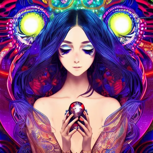 Image similar to psychedelic, intricate, highly detailed, anime, 4k, beautiful seductive woman holding a crystal containing the universe, with professional makeup, long trippy hair, surrounded by gems, underneath the stars, trending on patreon, deviantart, twitter, artstation, volumetric lighting, heavy contrast, by artgerm and Ilya Kuvshinov and alphonse mucha