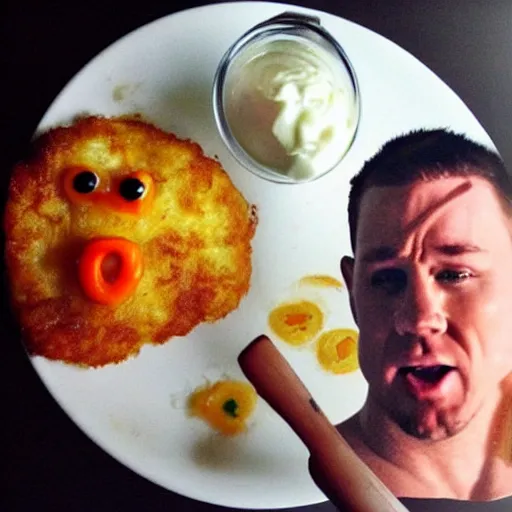 Image similar to channing tatum's face as tater tot on a plate with ketchup, face made from tater tot