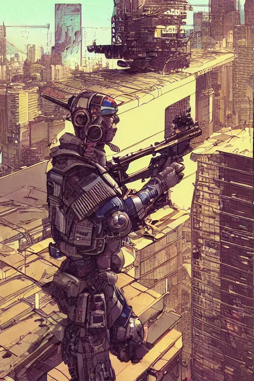 Prompt: comic book illustration, an android soldier sniper takes aim from the rooftop of a very high building, cyberpunk concept art by Moebius, highly detailed, intricate, sci-fi, sharp focus, Trending on Artstation HQ, deviantart