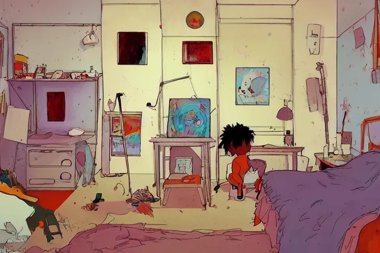 Prompt: messy bedroom, style of studio ghibli + moebius + basquiat, cute, lofi, artstation