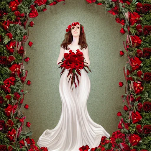 Image similar to full body image of a beautiful woman covered in ivy and red roses, ornate gown standing in a bed of roses, rim light, dynamic lighting, etherial lighting, ultra - detail, concept art, elegant