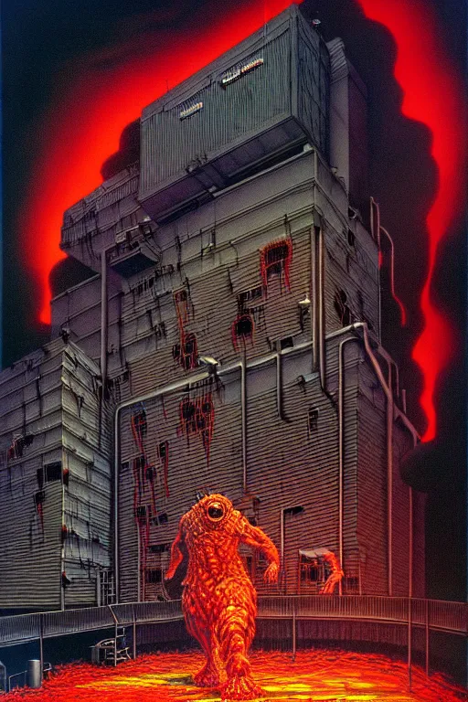 Image similar to a hyperrealistic detailed painting of a code red emergency at the nuclear power plant, radioactive chimeric radiation monster eating the laboratory, action horror by chris cunningham and richard corben, highly detailed, vivid color,