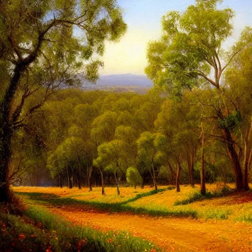 Prompt: a painting of a dirt road surrounded by oak trees and eucalyptus trees and california golden poppies, woodland hill in the distance. an oil painting by Peter Mohrbach and Mark Keathley, featured on deviantart, australian tonalism, pre-raphaelite, impressionism, detailed painting