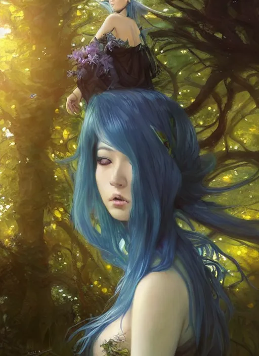 Image similar to stunningly beautiful female blue hair, dj sura face, fantasy art, fae priestess, lush forest landscape, dark light night, sharp focus, digital painting, 8 k, concept art, art by wlop, artgerm, greg rutkowski and alphonse mucha