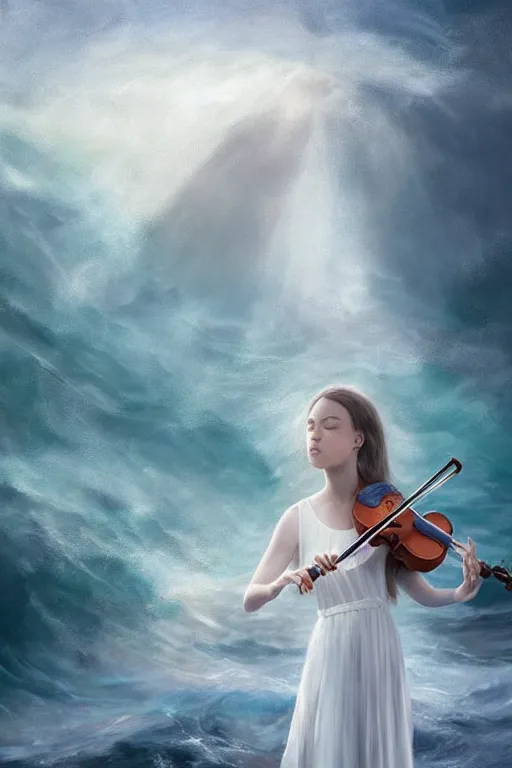 Prompt: beautiful mystical digital painting girl playing a violin wearing a long white dress over a wavy ocean by Leesha Hannigan, Ross Tran, Thierry Doizon, Kai Carpenter, Ignacio Fernández Ríos