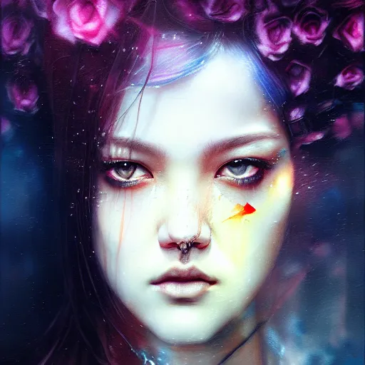 Image similar to rose of blackpink, hyperrealistic portrait, bladerunner street, by karol bak and agnes cecile, fantasy art, photo realistic, dynamic lighting, artstation, poster, volumetric lighting, very detailed face, intricate complexity, 8 k, award winning