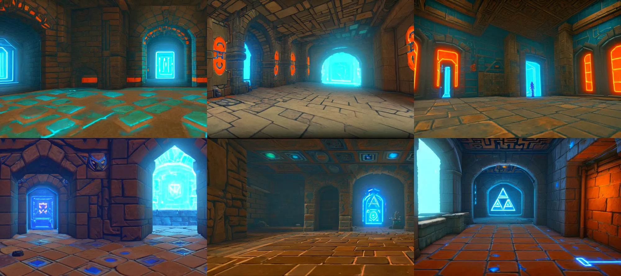 Prompt: futurepunk dungeon, ancient stone tiling, blue and orange neon lines along the wall, bluestone walls, trending on artstation. the legend of zelda breath of the wild in - game screenshot. absurdly detailed curving hallway with doorways