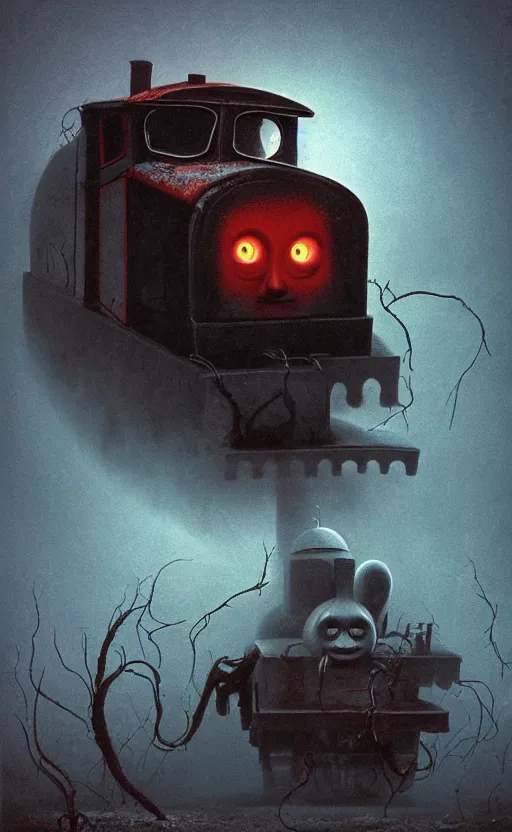 Image similar to thomas the tank engine in style of zdzisław beksinski, extremely dramatic lighting, 8 k, tendrils, black, darkness, black slime tendrils, infected, rust, body horror, thomas the train, thomas the tank engine face, horror,