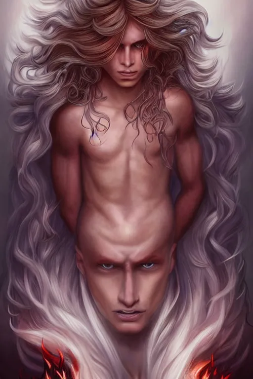 Image similar to digital art of a pale menacing Demon of Battle with long blond curls of hair and piercing eyes, young androgynous male, central composition, he commands the fiery power of resonance and wrath, very very long blond curly hair with bangs!!!, Center parted bangs, fringe, baroque curls, tight rolled drill curls, by Ross Tran Rossdraws and WLOP, Artstation, CGsociety