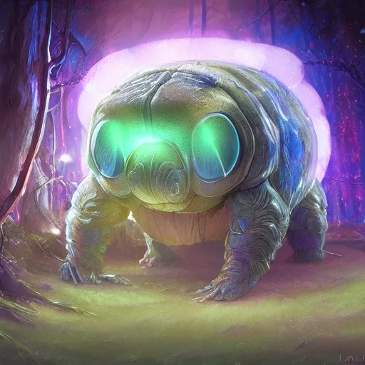 Image similar to ultra realistic illustration of magical tardigrade, forest, fantasy, colorful lights, intricate, elegant, highly detailed, digital painting, artstation, concept art, smooth, sharp focus, illustration, art by artgerm and greg rutkowski and alphonse mucha