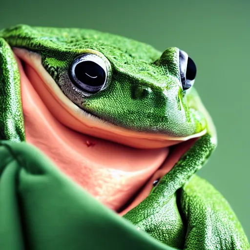 Image similar to a funny picture of a happy frog peeking out of a jacket pocket, 4K