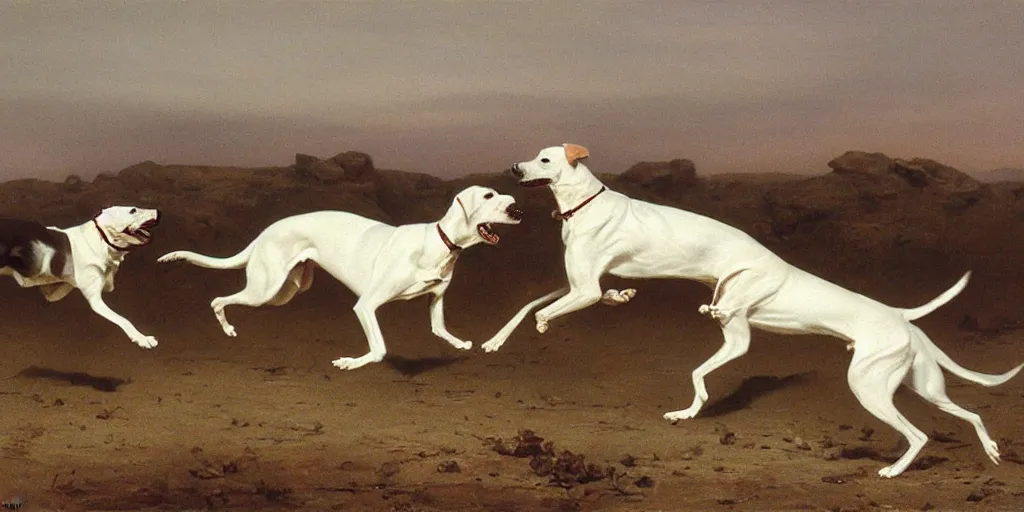 Prompt: white greyhounds running in the night dessert, by john charles dollman