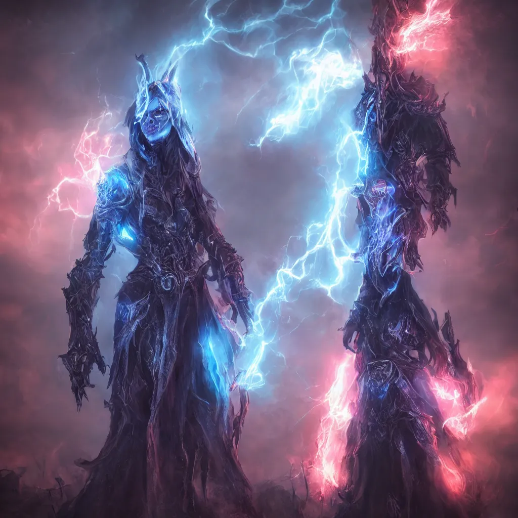 Prompt: character design, dark arcanist, blue lightning, blue mist, scary, photorealistic, unreal engine, hellish background, ultra detail, ultra realistic