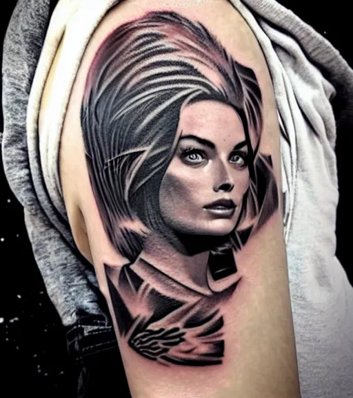 Prompt: mash up tattoo design of margot robbie with beautiful mountain scenery, in the style of arlo dicristina, hyper realism, amazing detail, sharp
