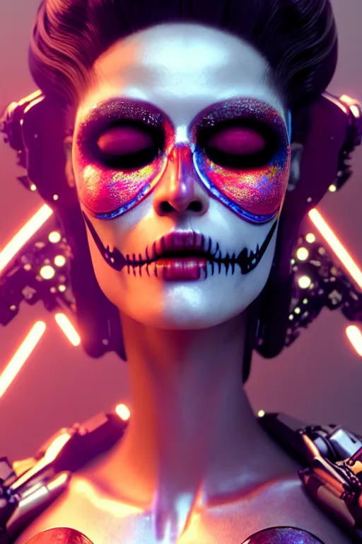 Prompt: beautiful android woman, crying eyes closed!, photorealistic cinematic, 3 d model, cyborg, postcyberpunk, blade runner, octane render, concept art, vogue, 8 k, intricate detailed environment el dia los muertos. by terry oneill and tim walker, artgerm and kuciara and mucha