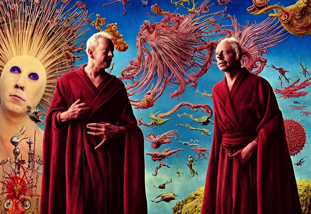 Image similar to realistic detailed portrait movie still of a birdman wearing dark robe, sci fi landscape background by denis villeneuve, amano, yves tanguy, alejandro jodorowsky, alphonse mucha, max ernst, ernst haeckel, roger dean, masterpiece, rich moody colours, snarling dog teeth