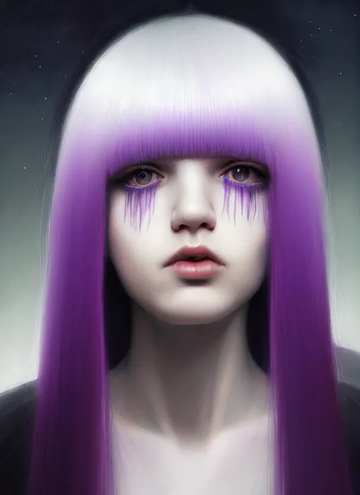 Image similar to hair whitebangs hair, black hair, whitebangs, portrait of teenage girl with white bangs, red irises, purple clothes, white bangs, bangs are different color from hair, intricate, elegant, glowing lights, highly detailed, digital painting, artstation, concept art, smooth, sharp focus, illustration, art by wlop, mars ravelo and greg rutkowski