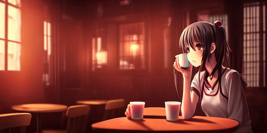 Prompt: anime girl sitting and drinking in a cozy bar, 2, volumetric lighting, symmetrical face, detailed face, hyper real, pencil art, moody lighting, cute, comfy