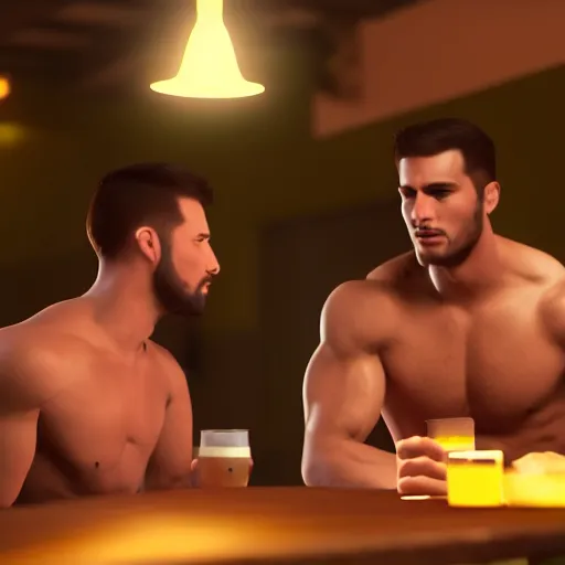 Prompt: cinematic scene with attractive male and another attractive muscular male, drinking their hearts out, in the pub, very detailed, volumetric lighting, still frame