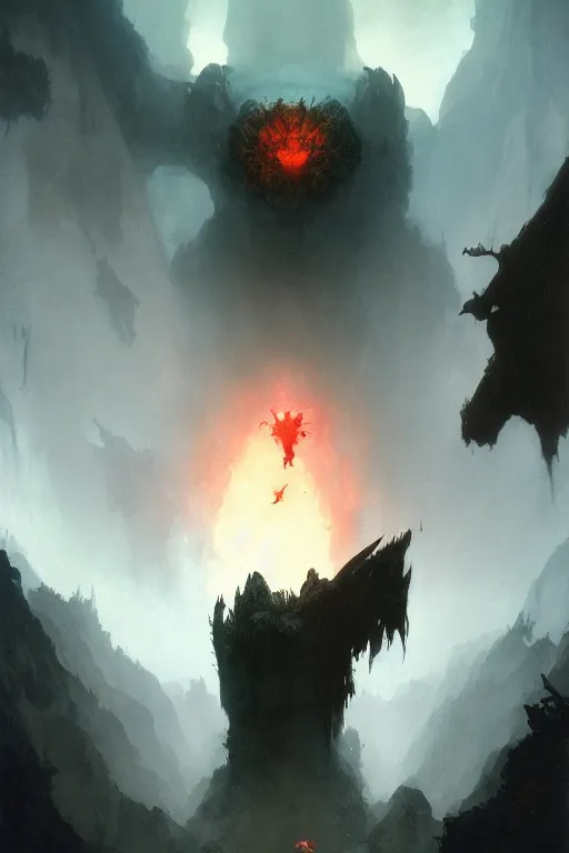 Image similar to looking up at a balrog in a vast cavern, intricate, elegant, highly detailed, john park, frazetta, sparth, ruan jia, jeffrey catherine jones