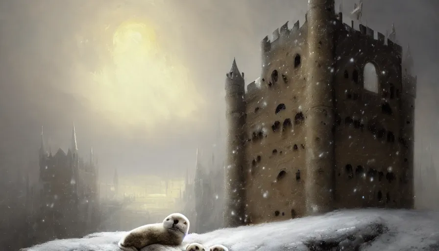 Image similar to highly detailed painting of cute furry white baby seals cuddled up in a cardboard box in a snowy cloudy sky castle by william turner, by greg rutkowski, by william constable, by greg tocchini, thick brush strokes and visible paint layers, 4 k resolution, retrowave colour scheme