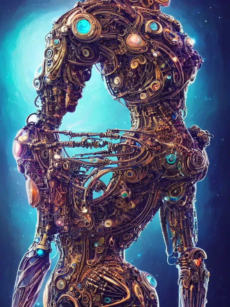 Image similar to full lenght shot woman in biomechanical dress, wearing epic bionic cyborg implants of different colors, detailed intricate ornate cables, by dan mumford, masterpiece, intricate, elegant futuristic wardrobe, highly detailed, artstation, concept art, background galaxy, cyberpunk colors, art by artgerm