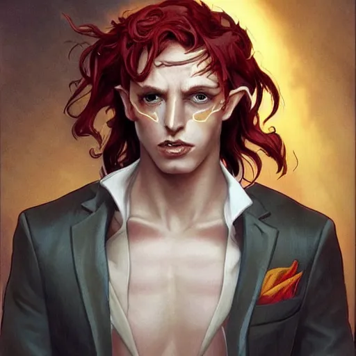 Image similar to dnd character portrait of a tanned half - elf with messy short red hair and yellow eyes with slit pupils, beautiful and androgynous with dark skin, feral, glowing aura, golden hour, wearing a stylish men's suit, by ross tran and gerald brom and alphonse mucha, trending on artstation