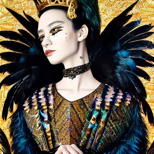 Prompt: a hyperrealistic portrait of a fierce proud queen of ravens, in a black dress with a collar made of iridescent feathers and golden adornments, geometrical background, intricate details, by zhang jingna and soey milk and amir ershadi and anja millen