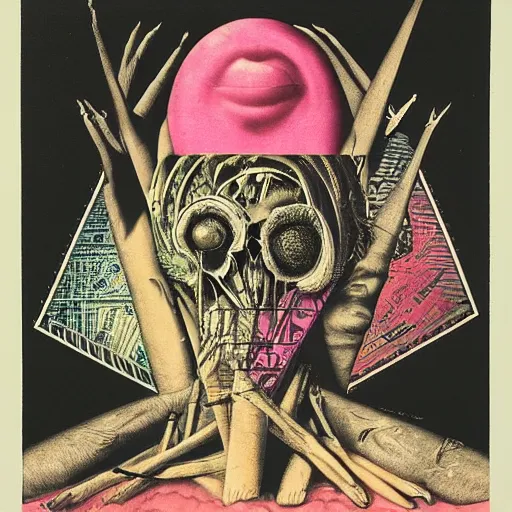 Image similar to post - punk new age album cover, asymmetrical design, frame of a dollar bank notes, capitalism, magic, apocalypse, psychedelic, black white pink, magic, giger h. r., giuseppe arcimboldo