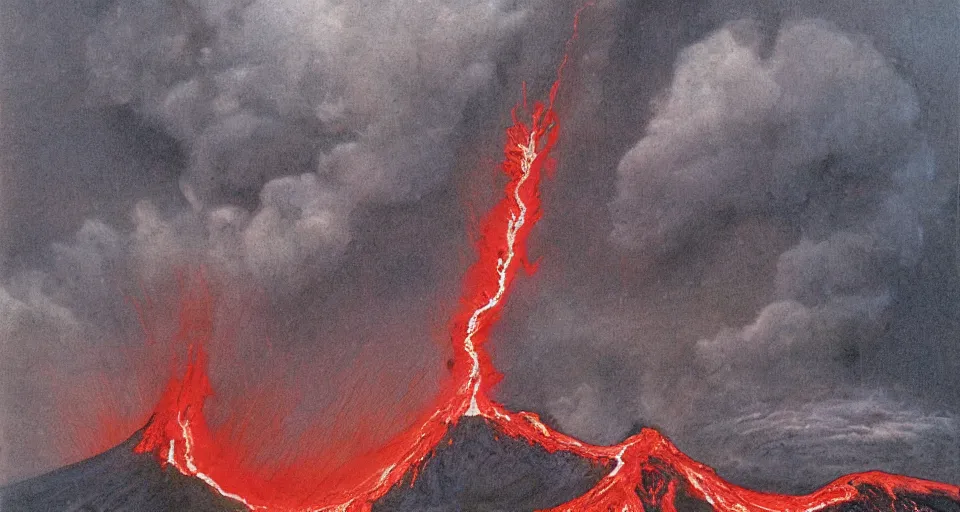 Prompt: a volcano made of ivory vines and crimson rocks enters in eruption, it spits a smoke in the shape of demonic eye, by James Gurney