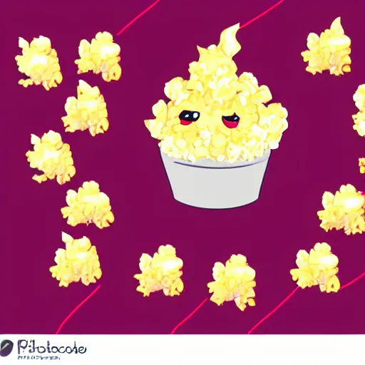 Image similar to vector anime chibi style character of a piece of fluffy popcorn with a smiling face and flames for hair, clean composition, symmetrical