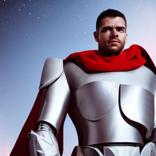 Image similar to portrait of a tall very muscular infantry man in glossy sleek white armor with tiny red details and a long red cape, heroic posture, on the surface of mars, night time, dramatic lighting, cinematic, sci-fi, hyperrealistic, movie still