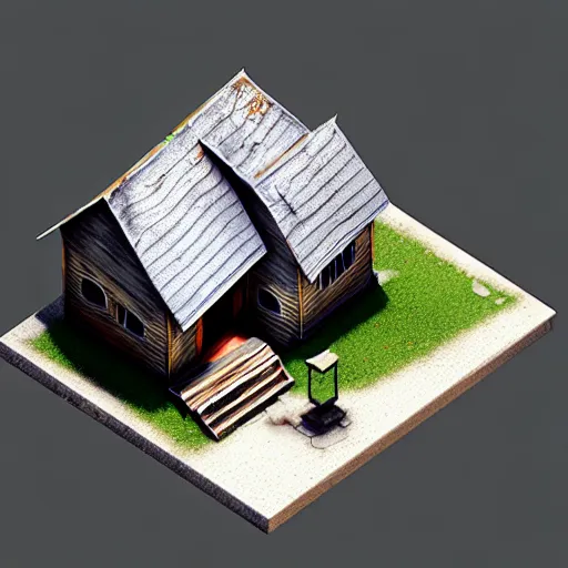 Prompt: isometric 3 d old broken home, low poly, soft render, handpaint texture, blender, 3 dcoat