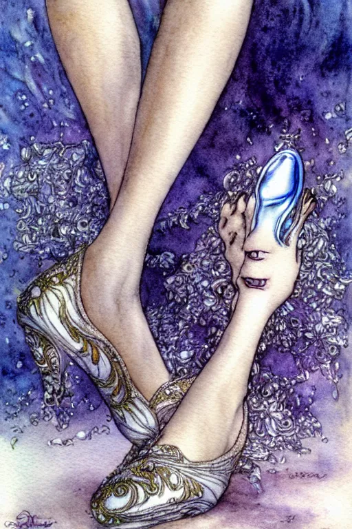 Prompt: closeup foot shot of cinderella crystal slipper, fantasy art, trending on artstation, sleeping beauty fairytale, art by luis royo and walter crane and kay nielsen, watercolor illustration,