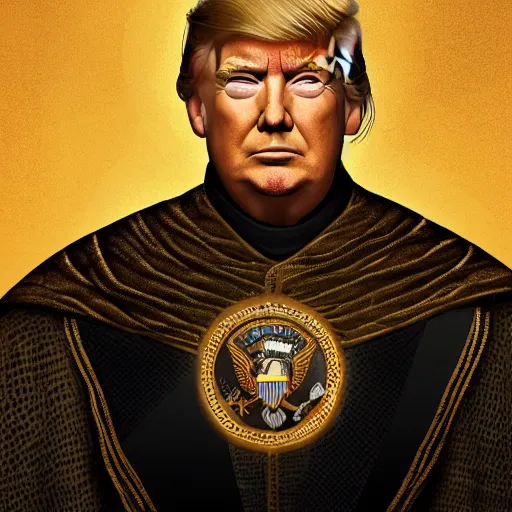 Prompt: a portrait of donald trump as a medieval king, game of thrones style, digital art, golden hour, amazing, high quality, trending on artstation