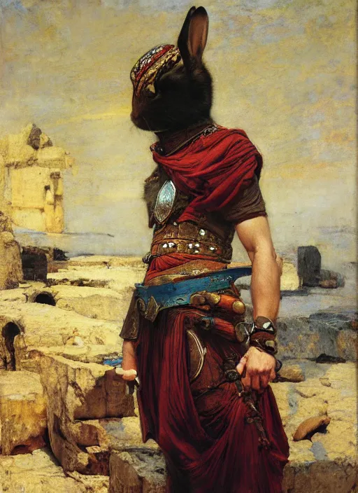 Image similar to Rabbit warlord. Iranian orientalist portrait by john william waterhouse and Edwin Longsden Long and Theodore Ralli and Nasreddine Dinet, oil on canvas. Cinematic, vivid colors, hyper realism, realistic proportions, dramatic lighting, high detail 4k