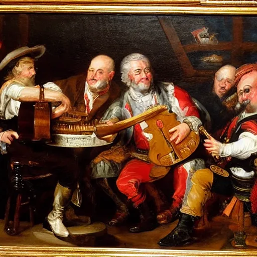 Prompt: Oil painting of Joe Biden playing the Hurdy Gurdy at a fantasy tavern, by Peter Paul Rubens