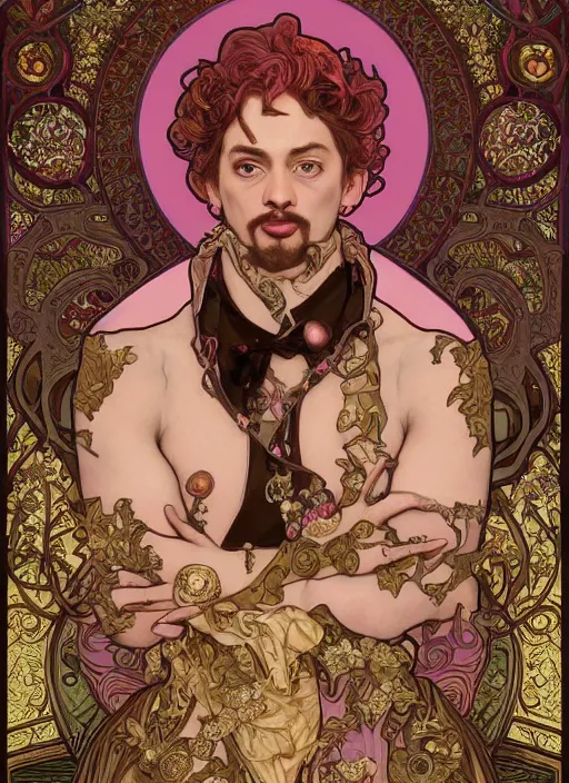 Prompt: Sam Hyde as magical prince, sigma and gigachad, big red eyes, peaceful expression, fantasy, intricate pink and gold ornate suit, modeling for Dulce and Gabanna, accurately portrayed, portrait art by James Jean and Alphonse mucha, highly detailed, digital painting, concept art, illustration, multiversal paradise shining rgb luxurious lights, trending on artstation, very detailed, smooth, sharp focus, octane render, close up