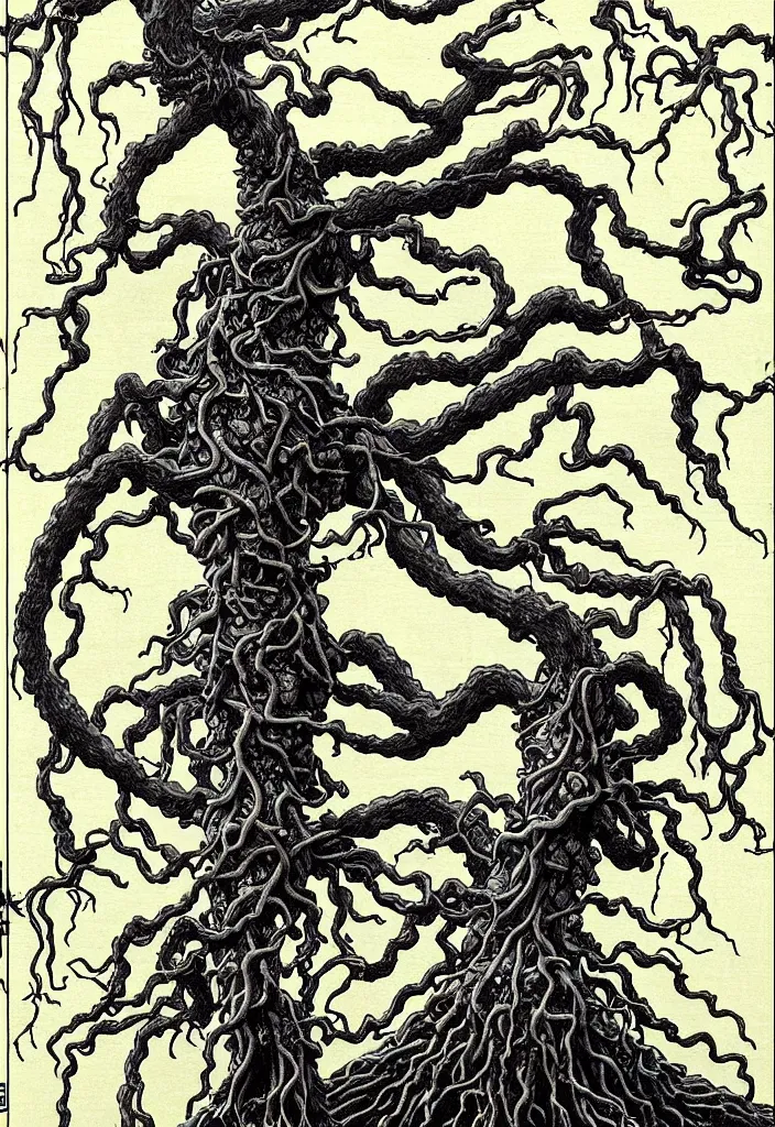 Prompt: prompt: dissection drawing of magical white skeleton Bonsai tree squid creature roots merging into big moon drawn by Takato Yamamoto, bonsai skeleton anatomy, veins and organs attached to tree roots, alchemical objects inspired by 1980's sci-ci, intricate oil painting detail, manga 1980