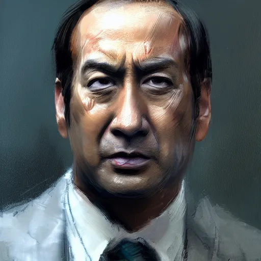 Prompt: A realistic hyperdetailed wide-shot digital oil portrait painting of an asian Saul Goodman in the style of Guy Denning, Ruan Jia, and Craig Mullins. Trending on ArtStation, DeviantArt, and Instagram. CGSociety Digital art. Asian Saul Goodman.