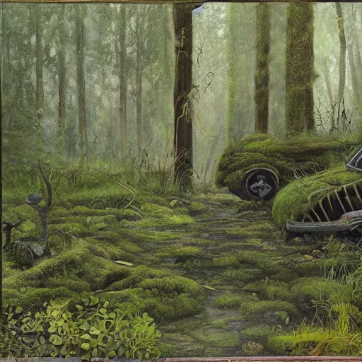 Image similar to a junk yard in the forest, overgrown with moss and ivy, detailed, realistic-C 30.0