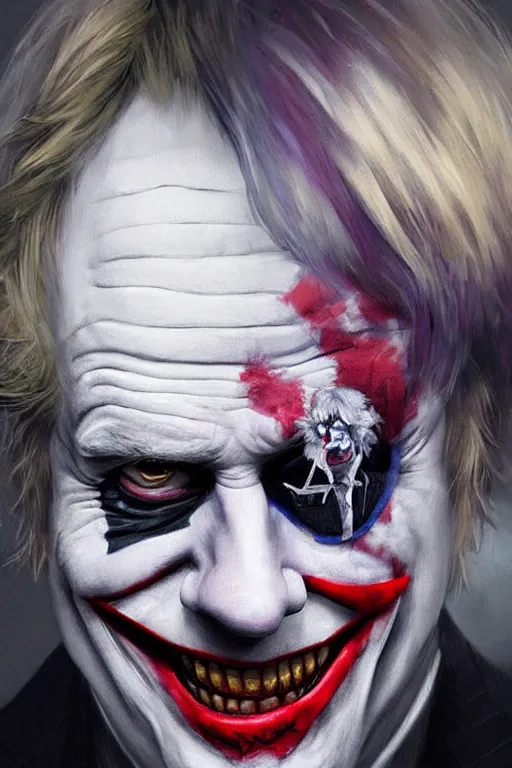 Image similar to Boris Johnson as Joker from The Dark Knight, portrait, highly detailed, digital painting, artstation, concept art, smooth, sharp focus, illustration, cinematic lighting, art by artgerm and greg rutkowski and alphonse mucha