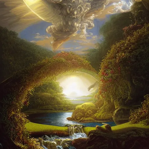 Image similar to realistic detailed view of heaven by terance james bond, russell chatham, greg olsen, thomas cole, james e reynolds, photorealistic, fairytale, art nouveau, white light, gold color, illustration, concept design, storybook layout, story board format