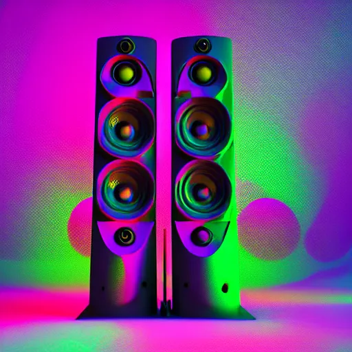 Image similar to 2 large speakers covered with a delicate psychedelic texture, octane render, hyper detailed render, volumetric light, ultra realistic,