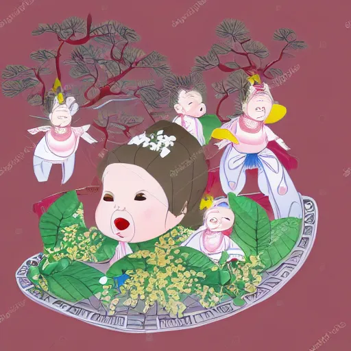 Prompt: animated chinese fairytale forest babies with ginseng leaves for their hair