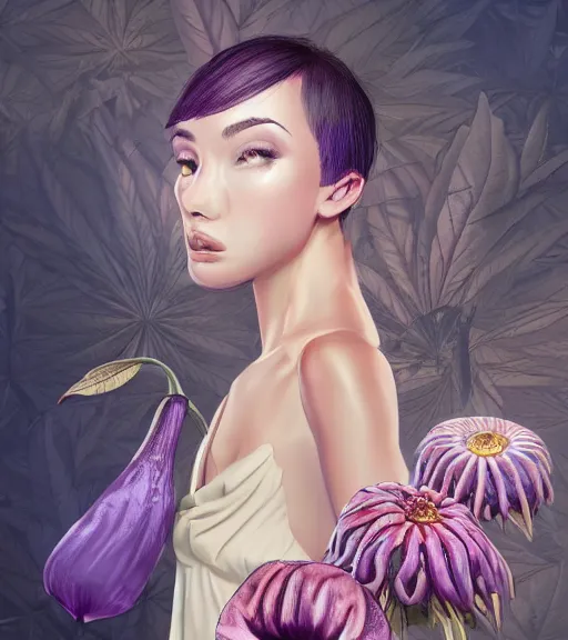 Prompt: charming beautiful woman wearing clothes from rafflesia flower, cannabis leaf, amethyst flower, amorphophallus titanum flower. realism art, high detailed, fine art, trending on artstation, smooth draw, perfect lightning, sharp focus.