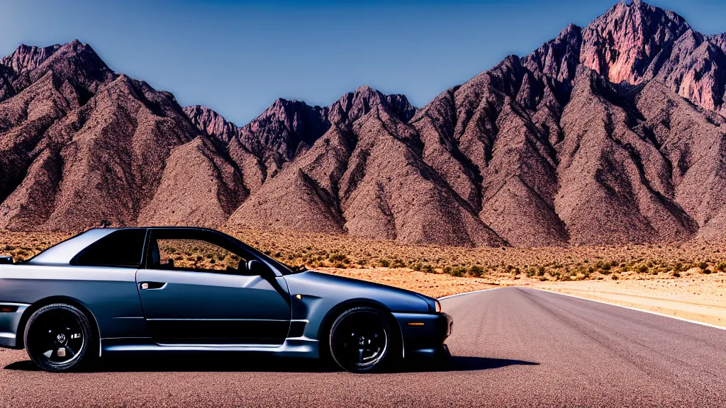 Prompt: three quarter front photo of a stock dark grey nissan r 3 2 skyline gtr on a road in a desert with a mountain in the background in the early morning, car photography, depth of field, depth blur, zoom lens, blue hour, photorealistic